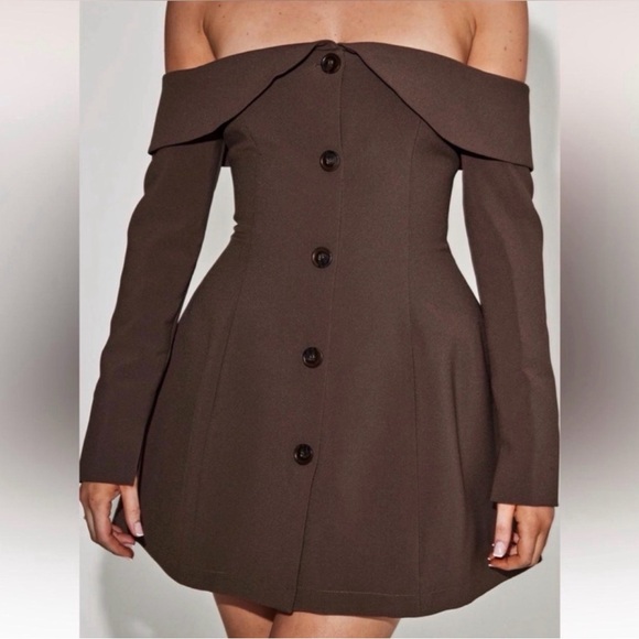 Odd Muse Dresses & Skirts - Odd Muse Off-Shoulder Brown Button-Front Mini Dress